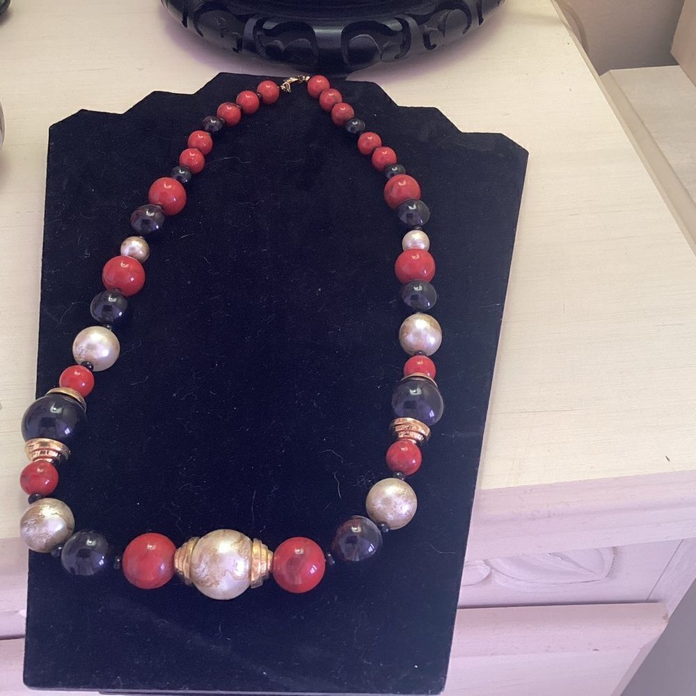 Red, Black and Goldtone Beaded Necklace